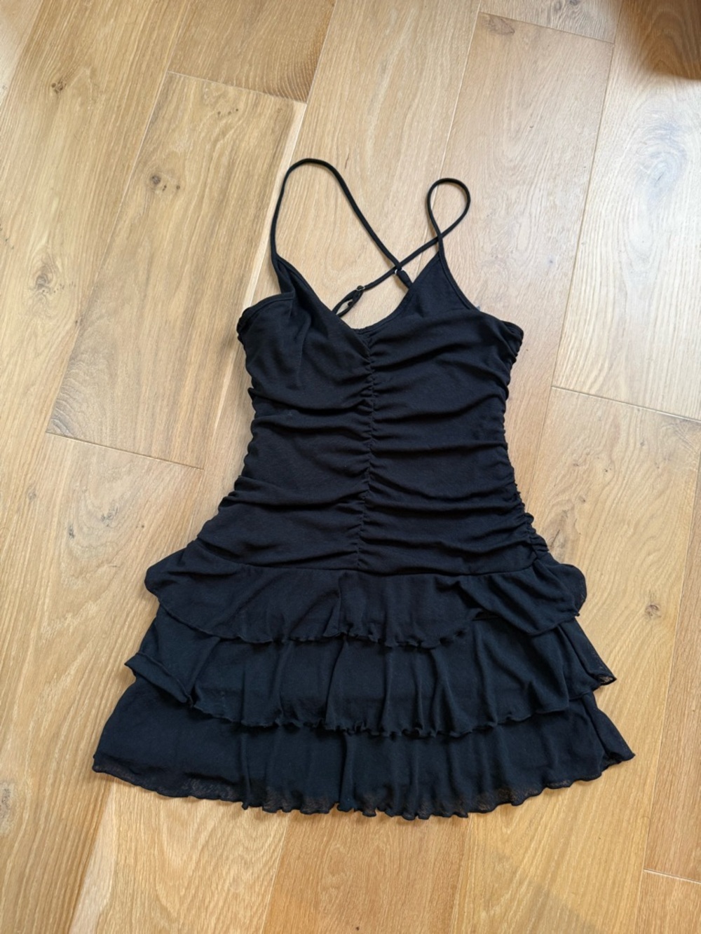 wild fable Black Ruffled Mini Dress with Ruched Front